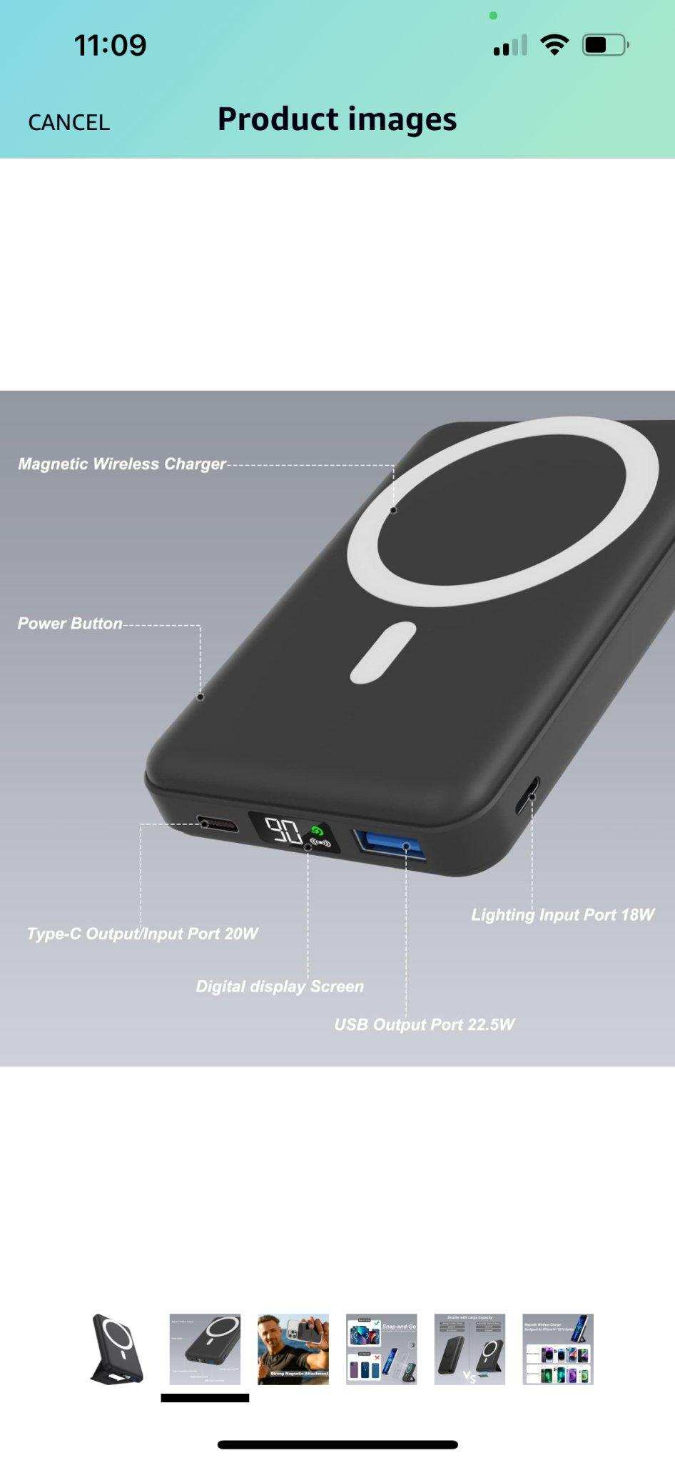 TUTT Magnetic Wireless Portable Power Bank for iPhone 10000mAh Mag-Safe Battery Pack PD 22.5W Fast Charging, Foldable Wireless USB-C LED Display iPhone 15/14/13/12/Pro/Mini/Pro Max - www.Shopthatapp.com