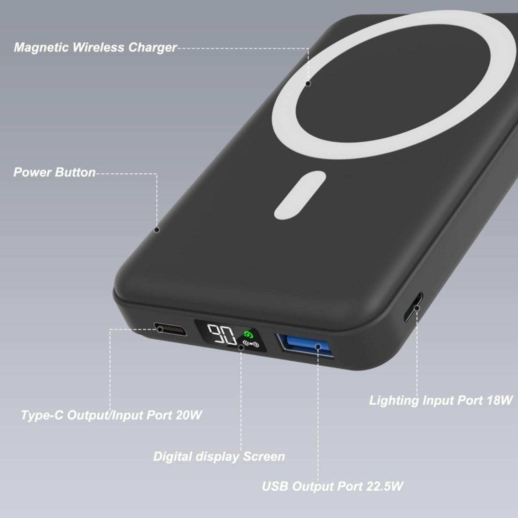 TUTT Magnetic Wireless Portable Power Bank for iPhone 10000mAh Mag-Safe Battery Pack PD 22.5W Fast Charging, Foldable Wireless USB-C LED Display iPhone 15/14/13/12/Pro/Mini/Pro Max - www.Shopthatapp.com