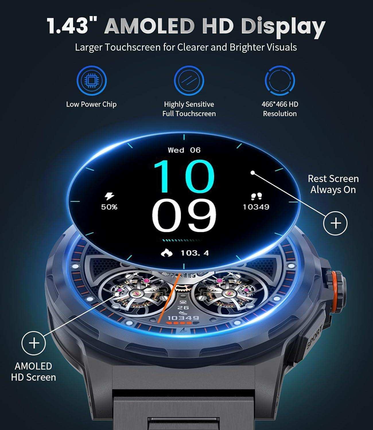 TUTT Smart Watch for Men AMOLED HD Screen Metal Case | 1.43'' Military Rugged  IP68 Waterproof | Health and Fitness SL6 LIGE | Rubber & Metal - www.Shopthatapp.com