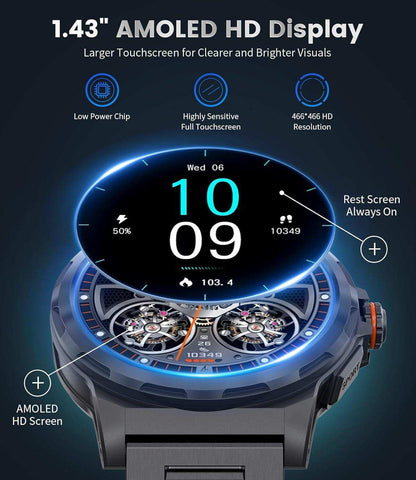 TUTT Smart Watch for Men AMOLED HD Screen Metal Case | 1.43'' Military Rugged  IP68 Waterproof | Health and Fitness SL6 LIGE | Rubber & Metal - www.Shopthatapp.com