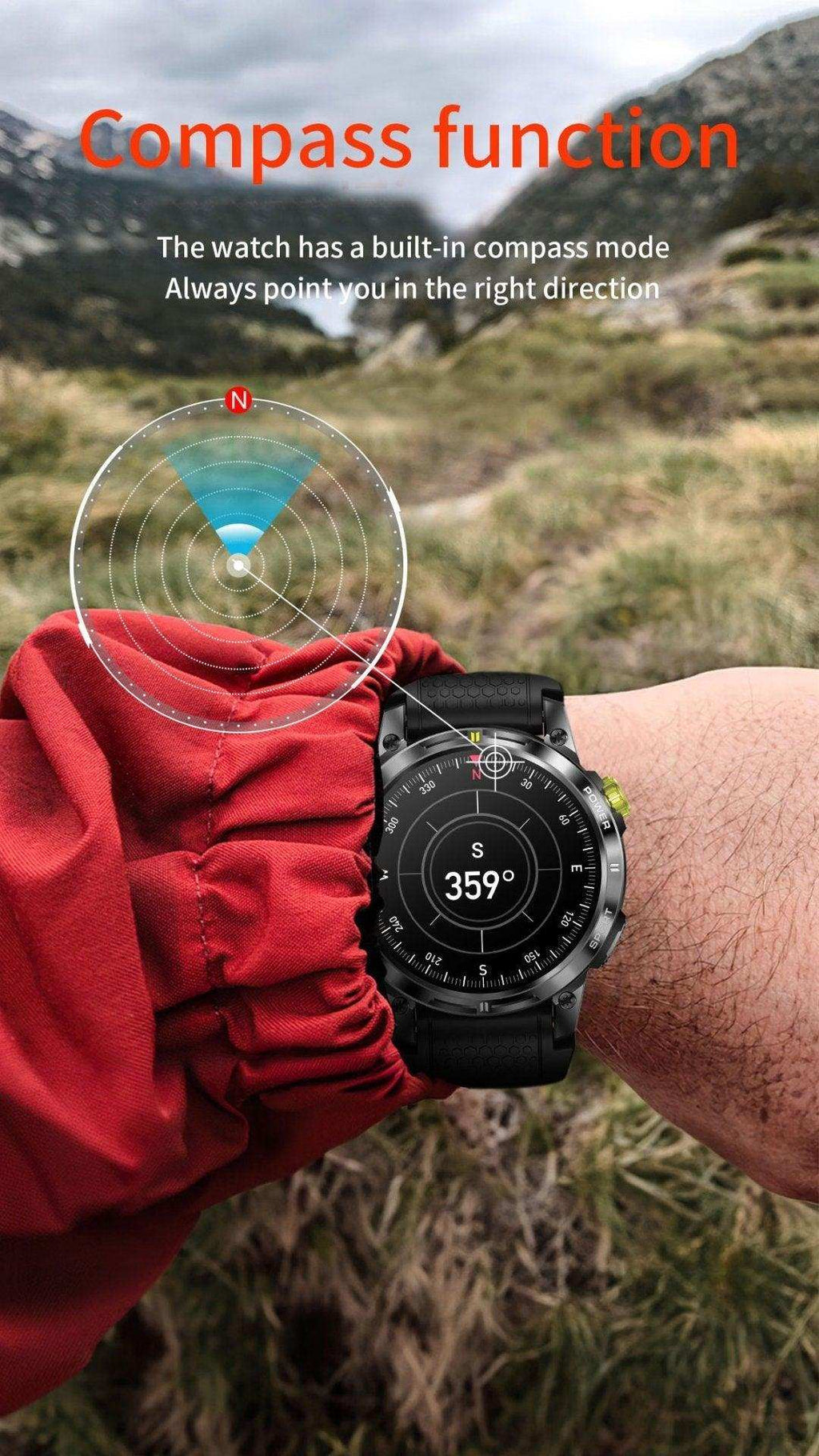 TUTT  Rugged Smartwatch for Men Women | Compass GPS Exercise | AMOLED Metal Dial | 2 Military Straps | Always-On Display Long Battery Life | NX18 Pro - www.Shopthatapp.com