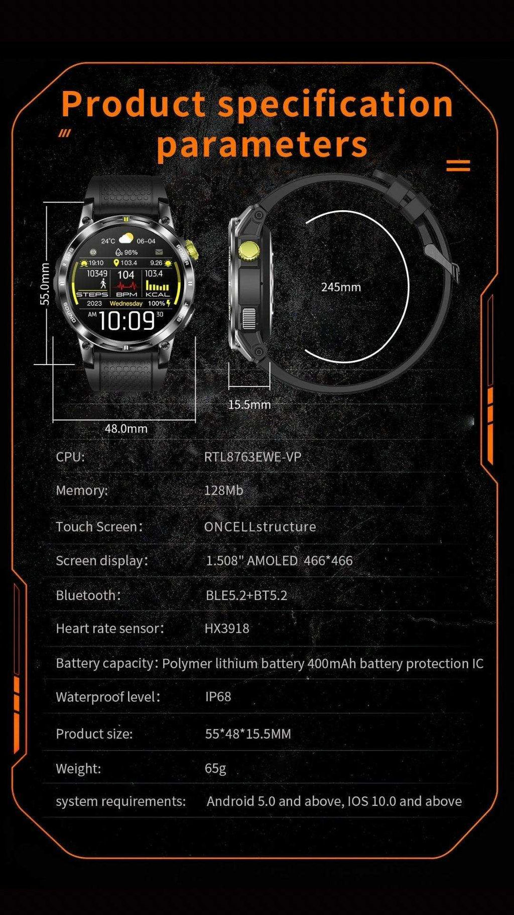 TUTT  Rugged Smartwatch for Men Women | Compass GPS Exercise | AMOLED Metal Dial | 2 Military Straps | Always-On Display Long Battery Life | NX18 Pro - www.Shopthatapp.com