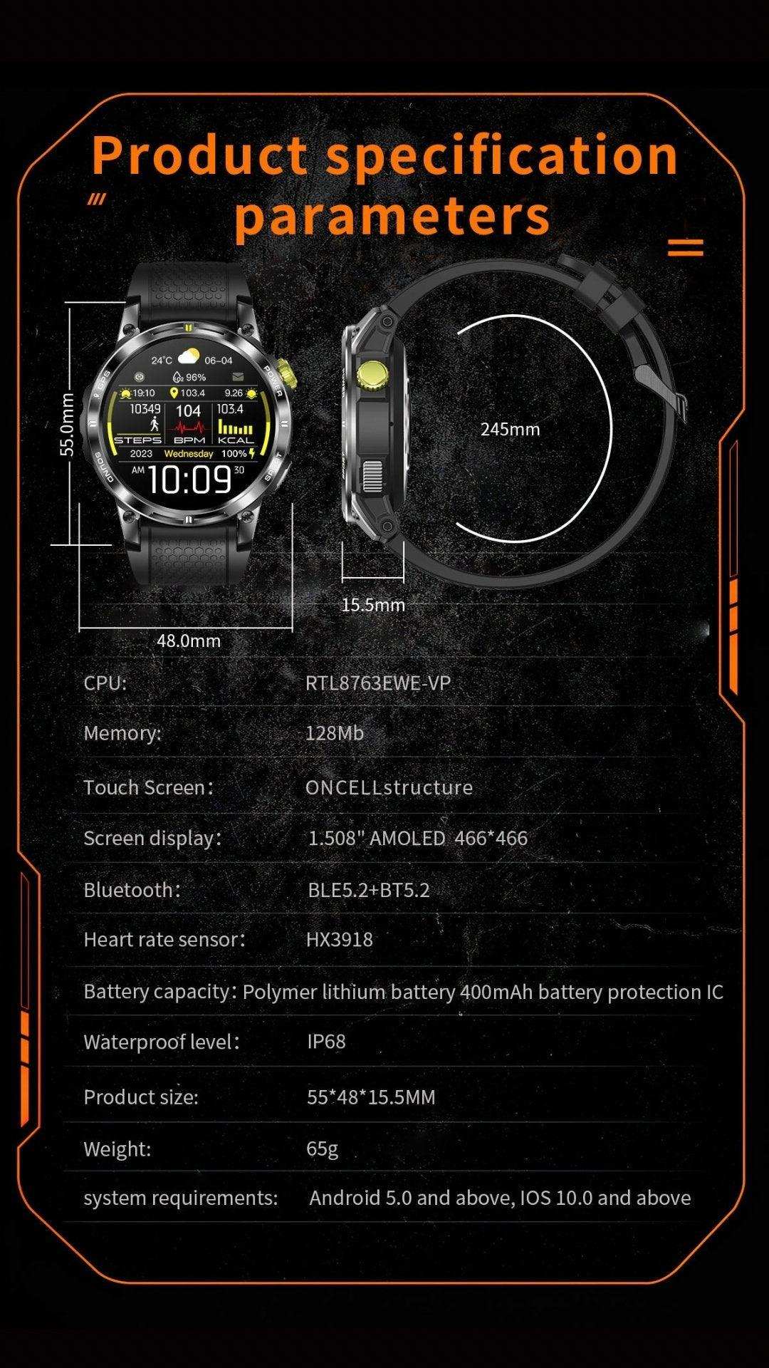 TUTT  Rugged Smartwatch for Men Women | Compass GPS Exercise | AMOLED Metal Dial | 2 Military Straps | Always-On Display Long Battery Life | NX18 Pro - www.Shopthatapp.com
