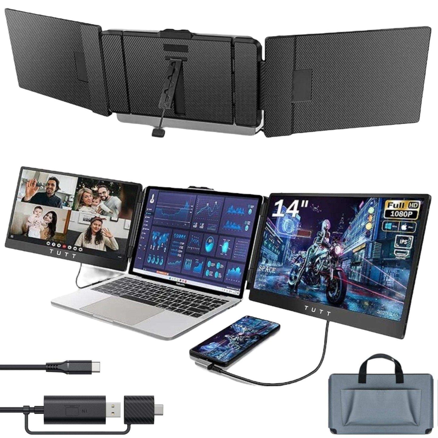 TUTT S2 FHD 14” Dual Portable Laptop Monitor Extender 1080P IPS Built-in Stand and Speakers | Plug and Play | H5 HD Video Conversion Cable | Technical Support Line | for 13"-17"