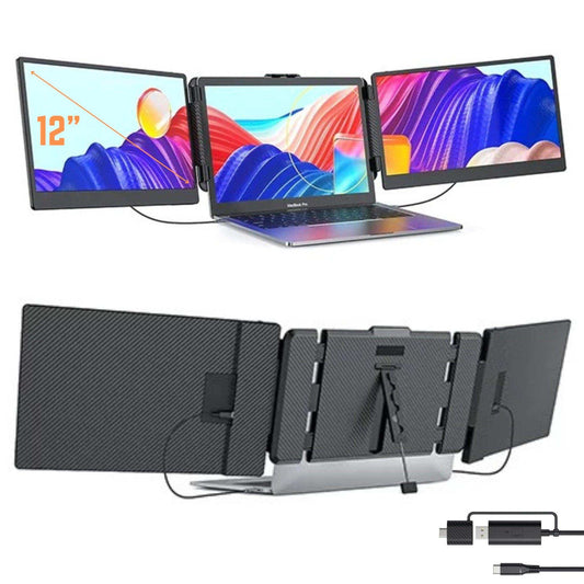 TUTT 12” Portable Monitor Triple Screen Extender Built-in Stand and Speakers | All Devices Compatible with Converter Cable (H5 Included) S2 Mini