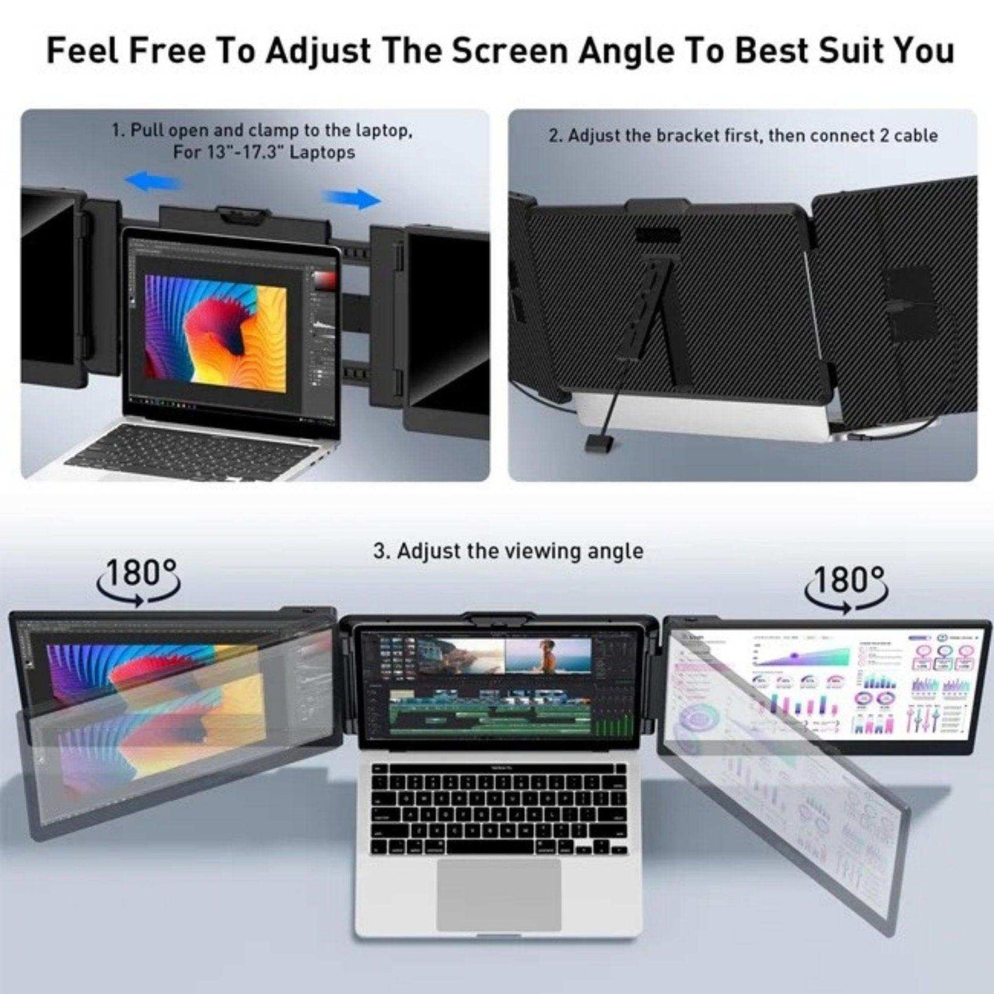 TUTT 12” Portable Monitor Triple Screen Extender Built-in Stand and Speakers | All Devices Compatible with Converter Cable (H5 Included) S2 Mini