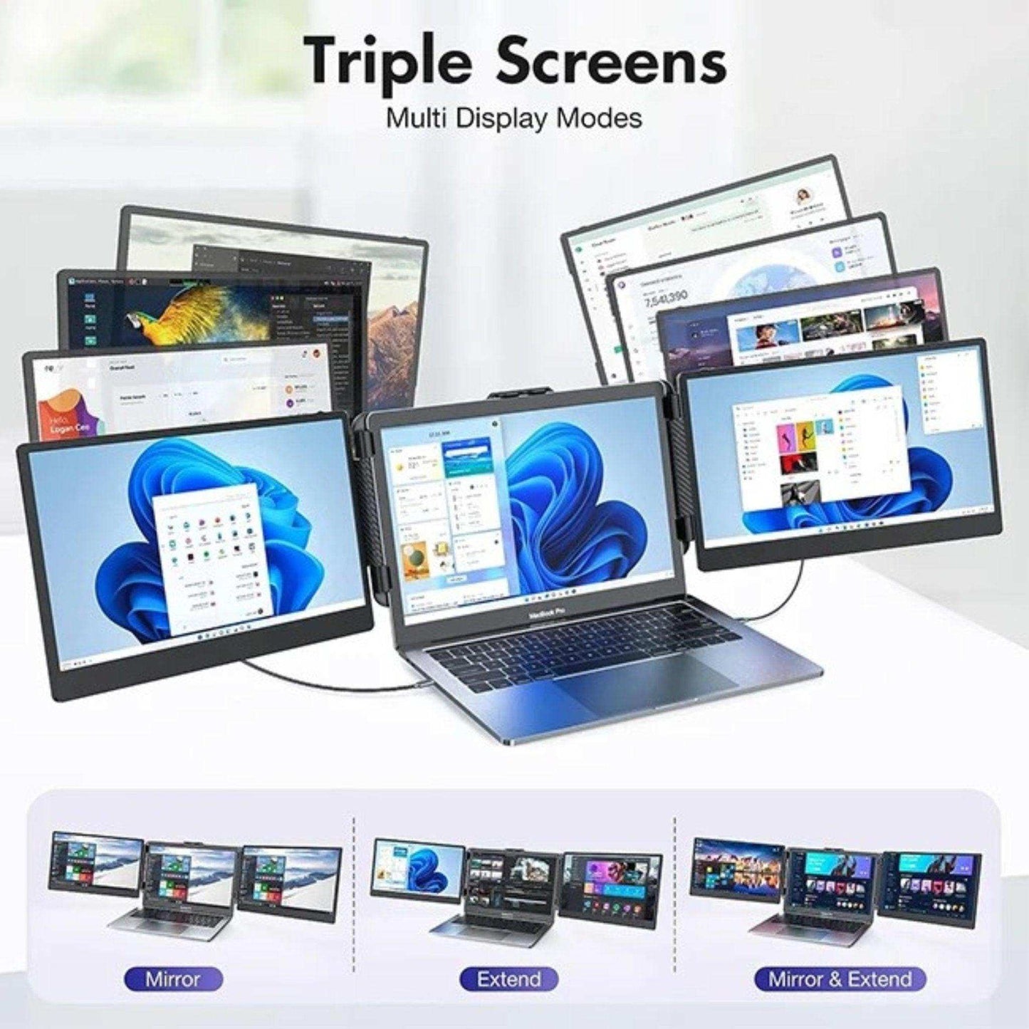 TUTT 12” Portable Monitor Triple Screen Extender Built-in Stand and Speakers | All Devices Compatible with Converter Cable (H5 Included) S2 Mini