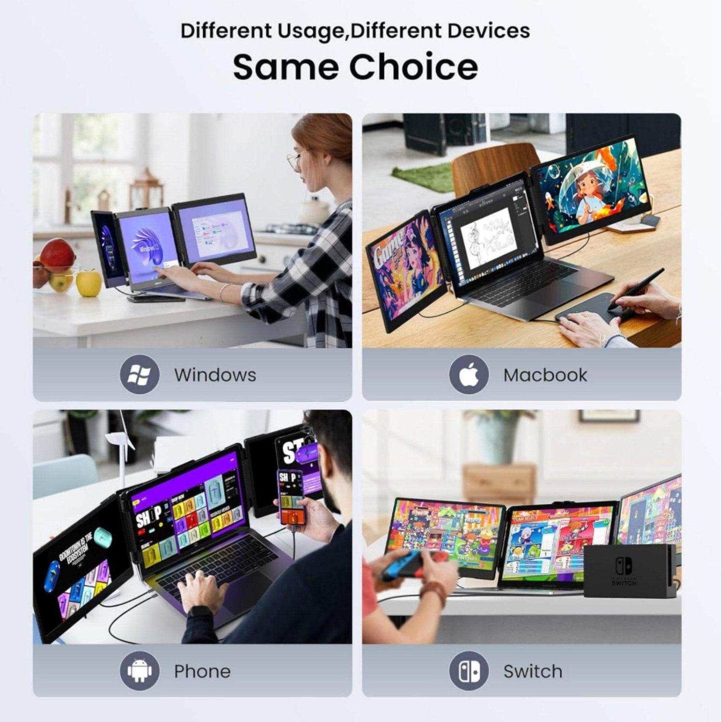 TUTT 12” Portable Monitor Triple Screen Extender Built-in Stand and Speakers | All Devices Compatible with Converter Cable (H5 Included) S2 Mini