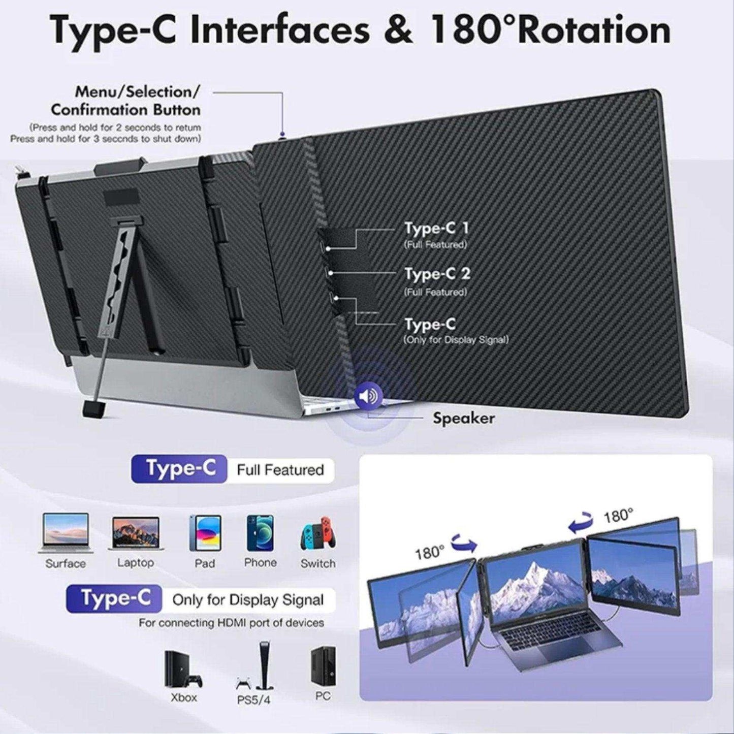 TUTT S2 FHD 14” Dual Portable Laptop Monitor Extender 1080P IPS Built-in Stand and Speakers | Plug and Play | H5 HD Video Conversion Cable | Technical Support Line | for 13"-17"