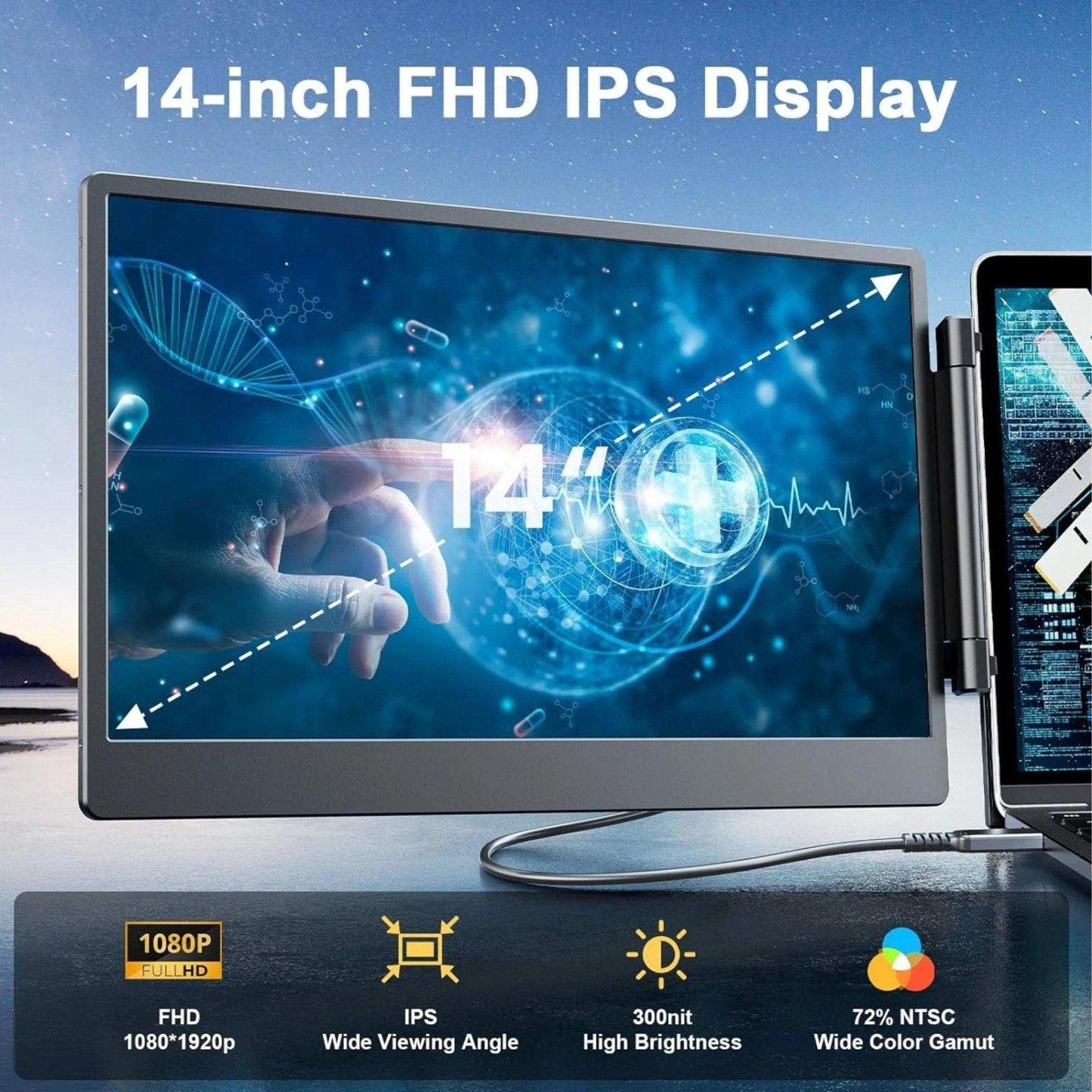 TUTT 14” FHD Portable Monitor – S3 Triple Screen Extender, IPS, Built-in Stand & Speakers | All Devices Compatible with Converter Cable (H5 Included)