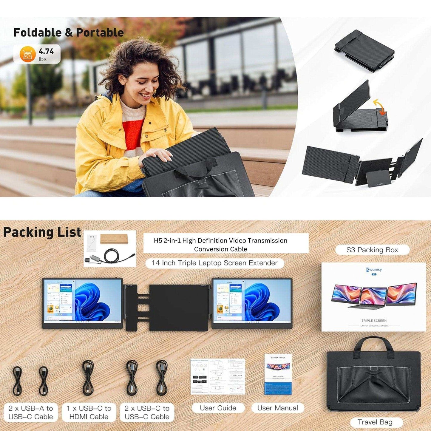 TUTT 14” FHD Portable Monitor – S3 Triple Screen Extender, IPS, Built-in Stand & Speakers | All Devices Compatible with Converter Cable (H5 Included)