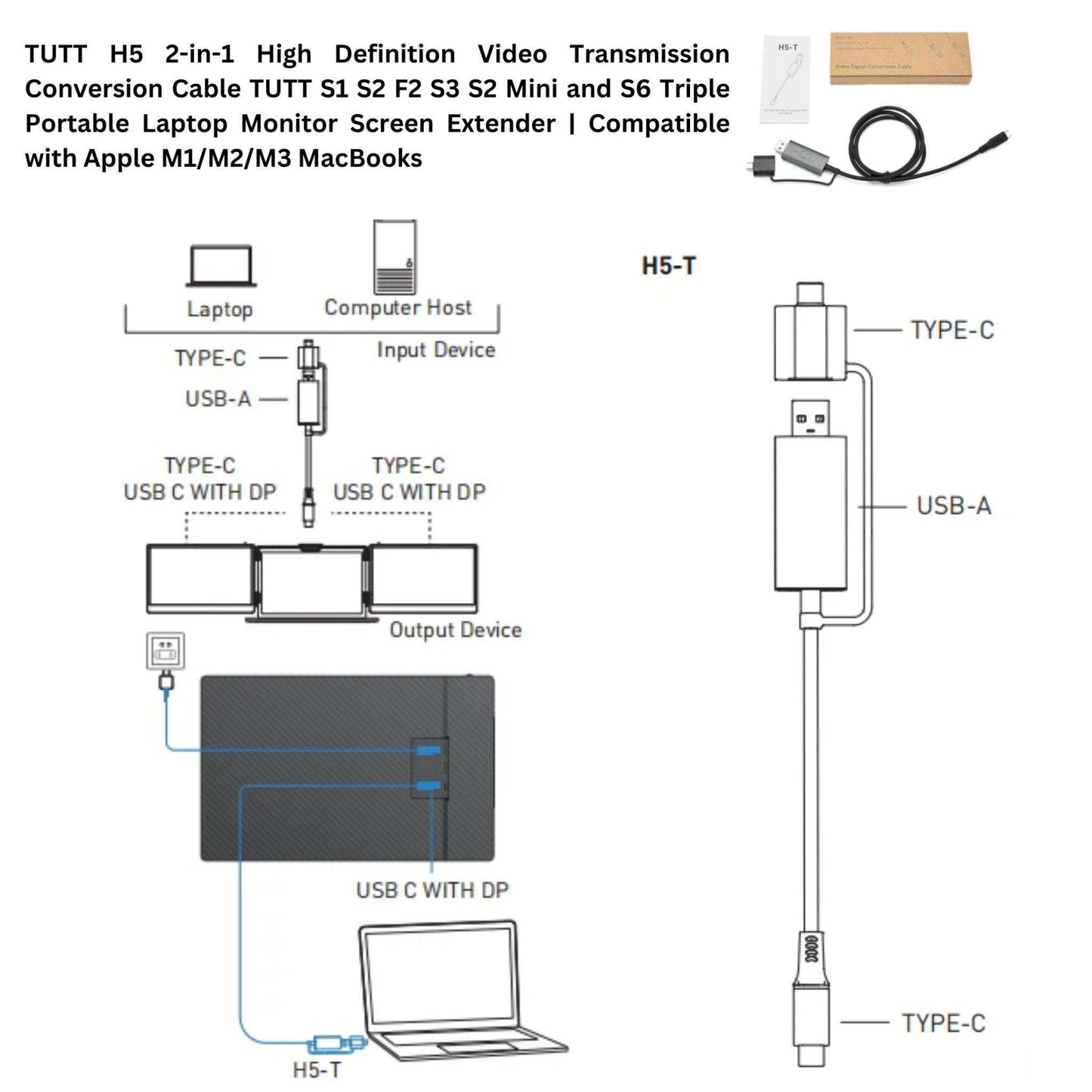 TUTT 14” FHD Portable Monitor – S3 Triple Screen Extender, IPS, Built-in Stand & Speakers | All Devices Compatible with Converter Cable (H5 Included)
