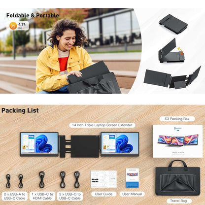 TUTT 14” FHD Portable Monitor – S3 Triple Screen Extender, IPS, Built-in Stand & Speakers | All Devices Compatible with Converter Cable (H5 Included)