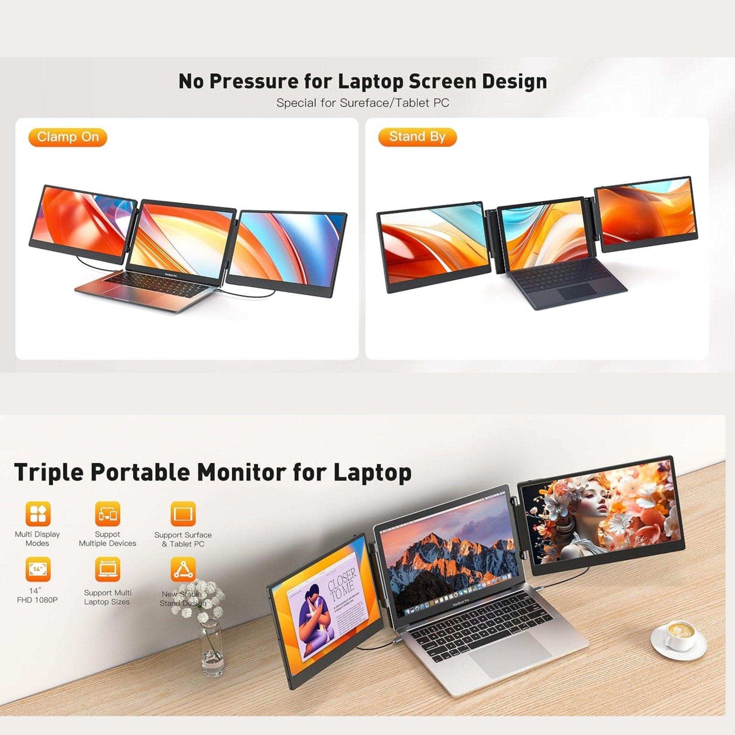 TUTT 14” FHD Portable Monitor – S3 Triple Screen Extender, IPS, Built-in Stand & Speakers | All Devices Compatible with Converter Cable (H5 Included)