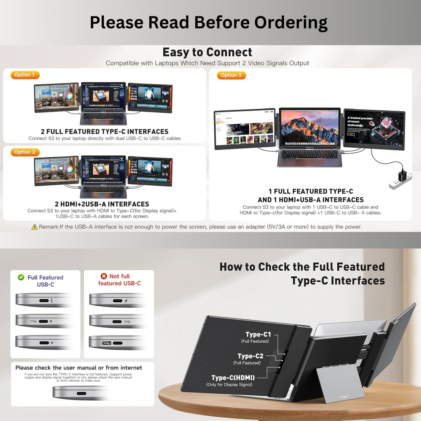 TUTT 14” FHD Portable Monitor – S3 Triple Screen Extender, IPS, Built-in Stand & Speakers | All Devices Compatible with Converter Cable (H5 Included)