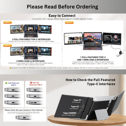 TUTT 14” FHD Portable Monitor – S3 Triple Screen Extender, IPS, Built-in Stand & Speakers | All Devices Compatible with Converter Cable (H5 Included)