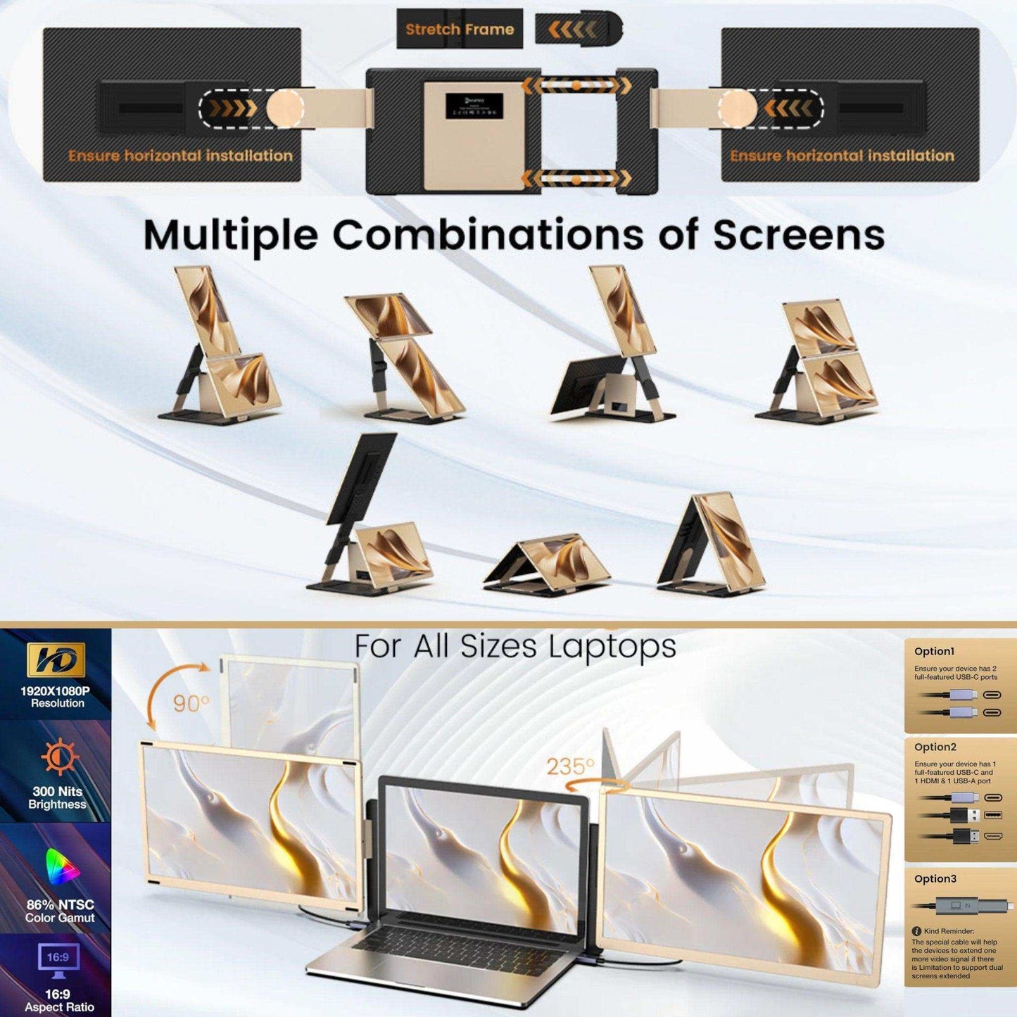 TUTT 15.6” FHD Portable Monitor – S6 Triple Screen Extender, USB-C/HDMI, 7 Viewing Modes | All Devices Compatible with Converter Cable (H5 Included)