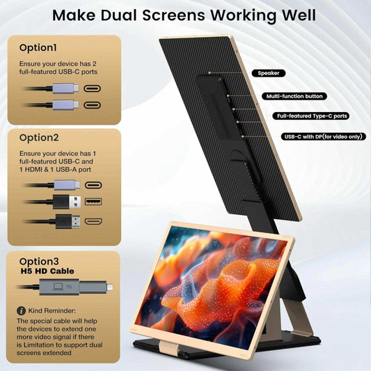 TUTT 15.6” FHD Portable Monitor – S6 Triple Screen Extender, USB-C/HDMI, 7 Viewing Modes | All Devices Compatible with Converter Cable (H5 Included) - www.Shopthatapp.com