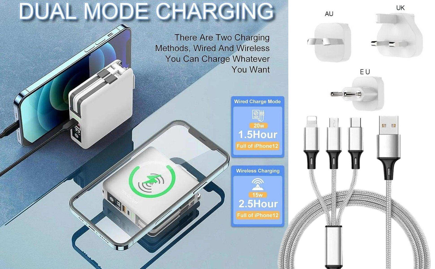 TUTT Travel & Charging Kit | 10000mah Power Bank | Universal Travel Adapter 3 Global Plugs | Wireless Charging | 65 & 30W Charger 3 in 1 Cable | Waterproof Hard Shell Bag EU,UK,AUS