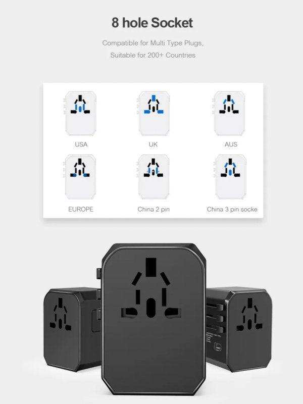 TUTT Travel Essentials | Universal Travel Adapter 180+ Countries Adaptateur International Kit 4 USB+Type-C US UK EU Australia - www.Shopthatapp.com