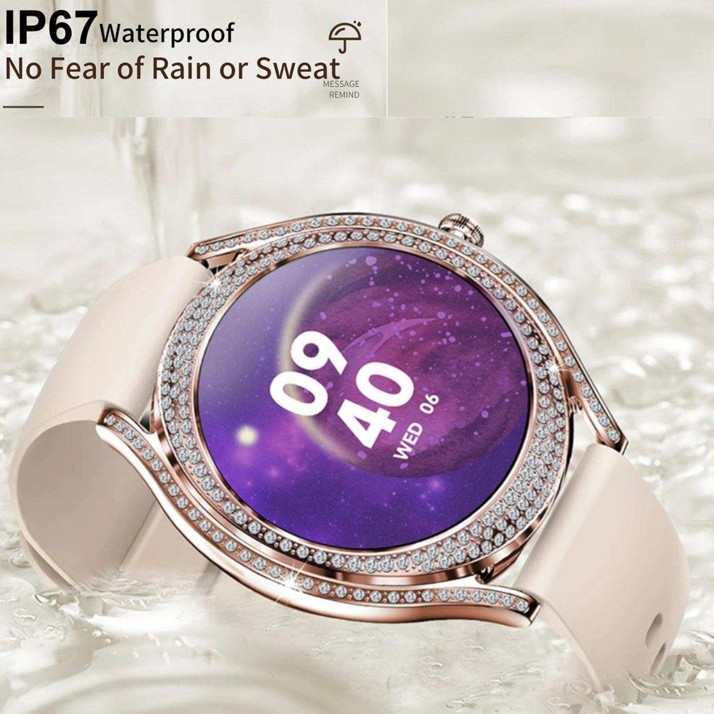 TUTT Classic Smartwatch for Women AMOLED  1.28” | Health & Fitness Tracker | Always On Display | 150 cubic Zirconia | Two Straps V66 Smart Watch (Silicone and Metal) - www.Shopthatapp.com