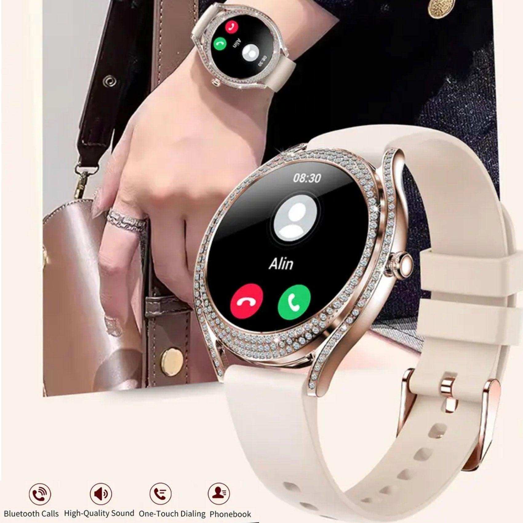 TUTT Classic Smartwatch for Women AMOLED  1.28” | Health & Fitness Tracker | Always On Display | 150 cubic Zirconia | Two Straps V66 Smart Watch (Silicone and Metal) - www.Shopthatapp.com