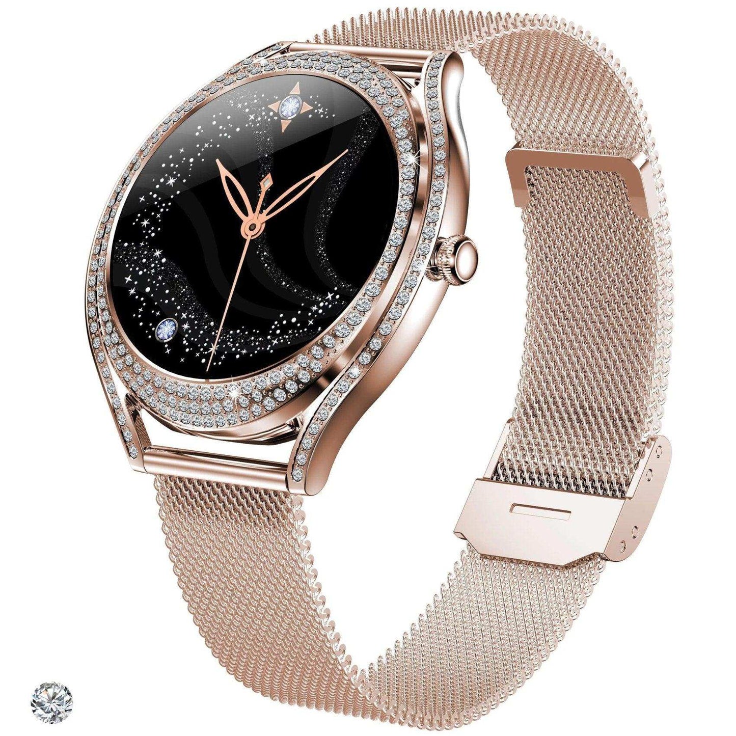 TUTT Classic Smartwatch for Women AMOLED  1.28” | Health & Fitness Tracker | Always On Display | 150 cubic Zirconia | Two Straps V66 Smart Watch (Silicone and Metal) - www.Shopthatapp.com