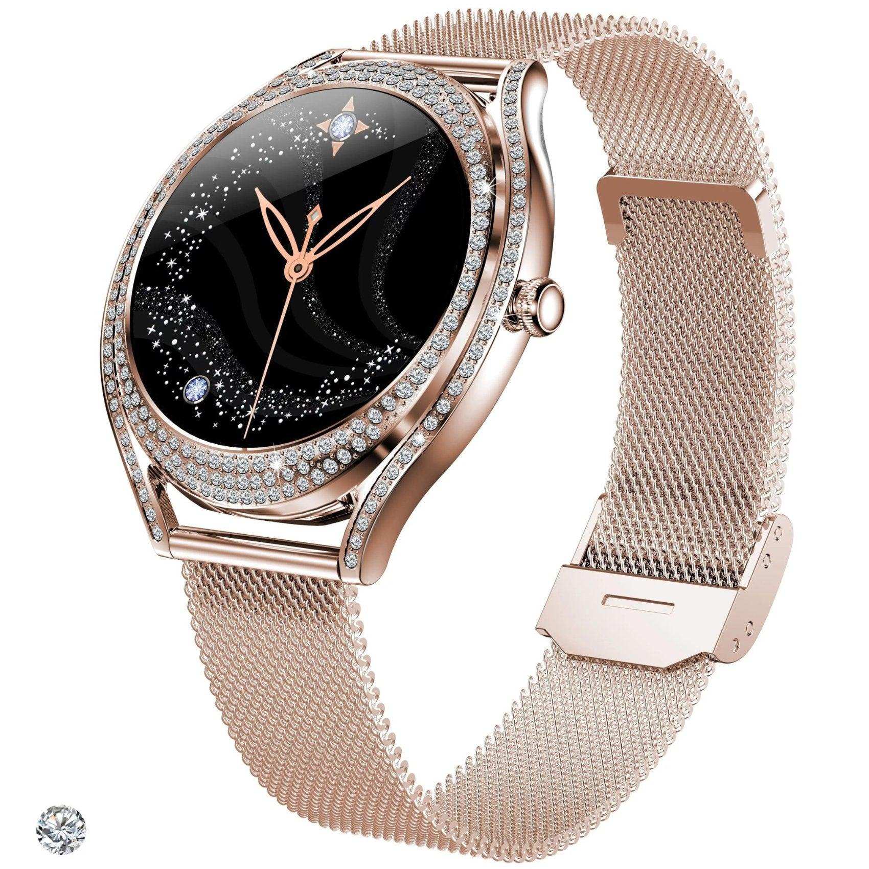 TUTT Classic Smartwatch for Women AMOLED  1.28” | Health & Fitness Tracker | Always On Display | 150 cubic Zirconia | Two Straps V66 Smart Watch (Silicone and Metal) - www.Shopthatapp.com