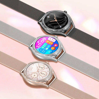 TUTT Classic Smartwatch for Women AMOLED  1.28” | Health & Fitness Tracker | Always On Display | 150 cubic Zirconia | Two Straps V66 Smart Watch (Silicone and Metal) - www.Shopthatapp.com
