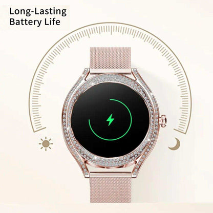 TUTT Classic Smartwatch for Women AMOLED  1.28” | Health & Fitness Tracker | Always On Display | 150 cubic Zirconia | Two Straps V66 Smart Watch (Silicone and Metal) - www.Shopthatapp.com
