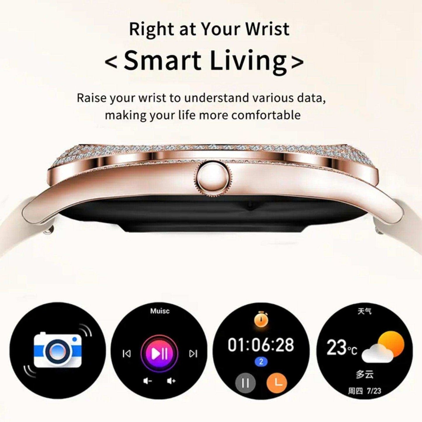 TUTT Classic Smartwatch for Women AMOLED  1.28” | Health & Fitness Tracker | Always On Display | 150 cubic Zirconia | Two Straps V66 Smart Watch (Silicone and Metal) - www.Shopthatapp.com