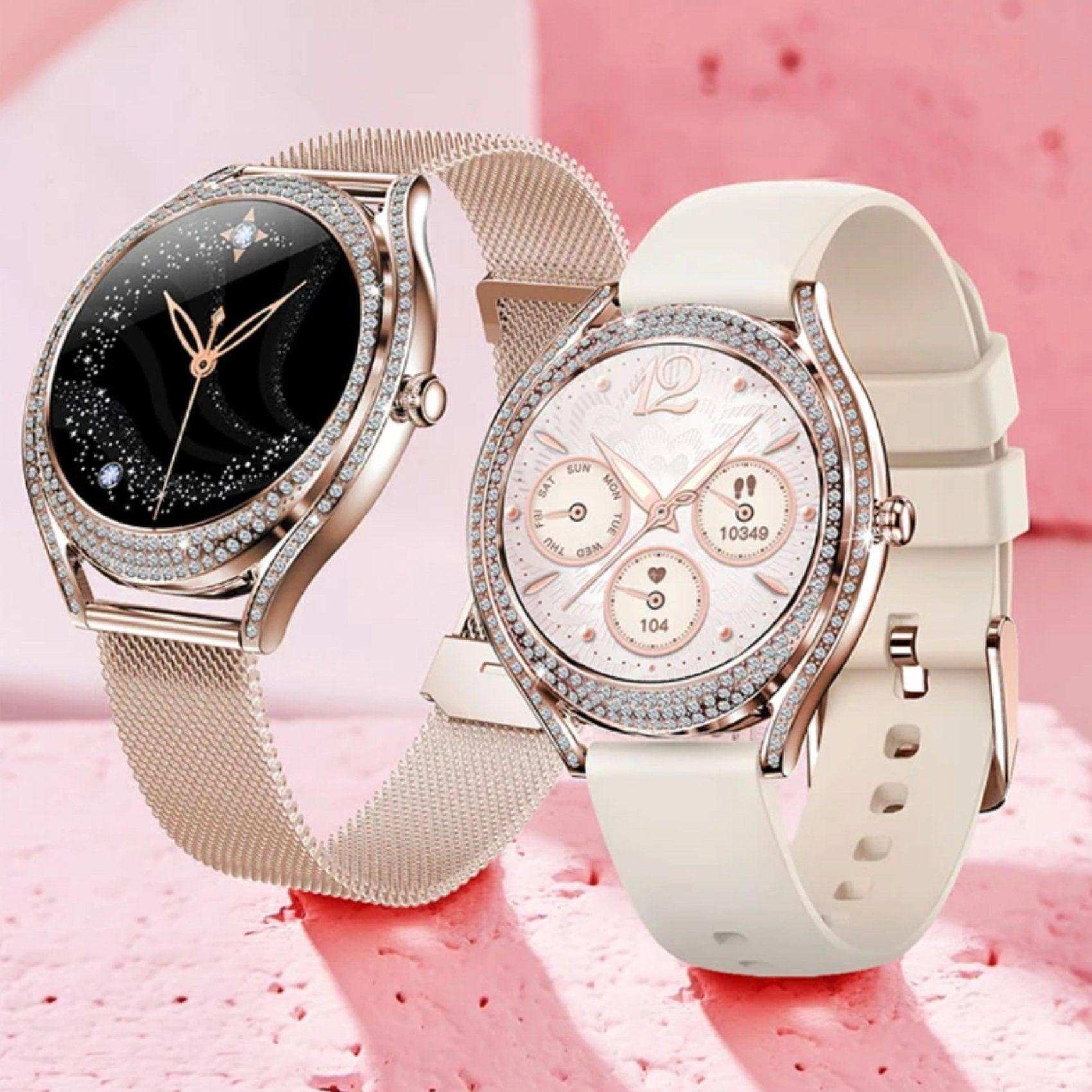 TUTT Classic Smartwatch for Women AMOLED  1.28” | Health & Fitness Tracker | Always On Display | 150 cubic Zirconia | Two Straps V66 Smart Watch (Silicone and Metal) - www.Shopthatapp.com