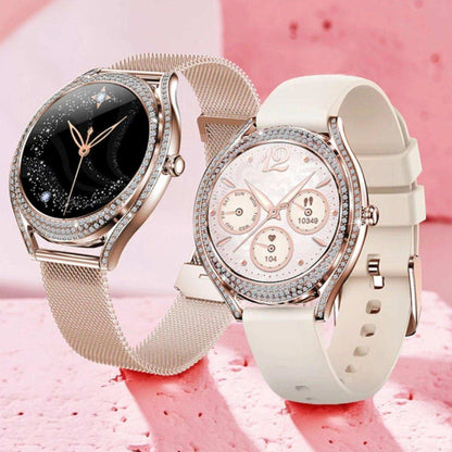 TUTT Classic Smartwatch for Women AMOLED  1.28” | Health & Fitness Tracker | Always On Display | 150 cubic Zirconia | Two Straps V66 Smart Watch (Silicone and Metal) - www.Shopthatapp.com