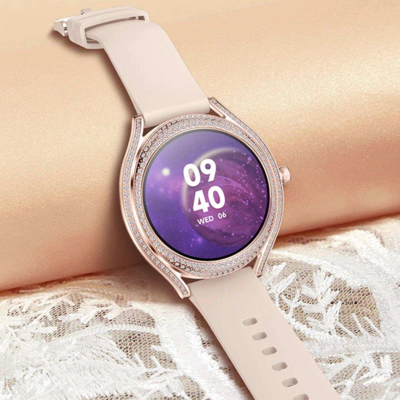 TUTT Classic Smartwatch for Women AMOLED  1.28” | Health & Fitness Tracker | Always On Display | 150 cubic Zirconia | Two Straps V66 Smart Watch (Silicone and Metal) - www.Shopthatapp.com