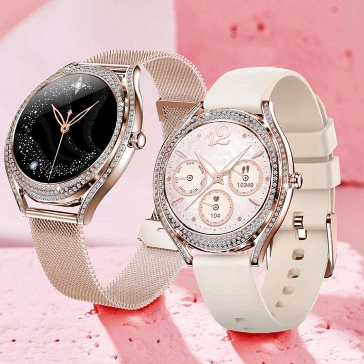 TUTT Classic Smartwatch for Women AMOLED  1.28” | Health & Fitness Tracker | Always On Display | 150 cubic Zirconia | Two Straps V66 Smart Watch (Silicone and Metal) - www.Shopthatapp.com