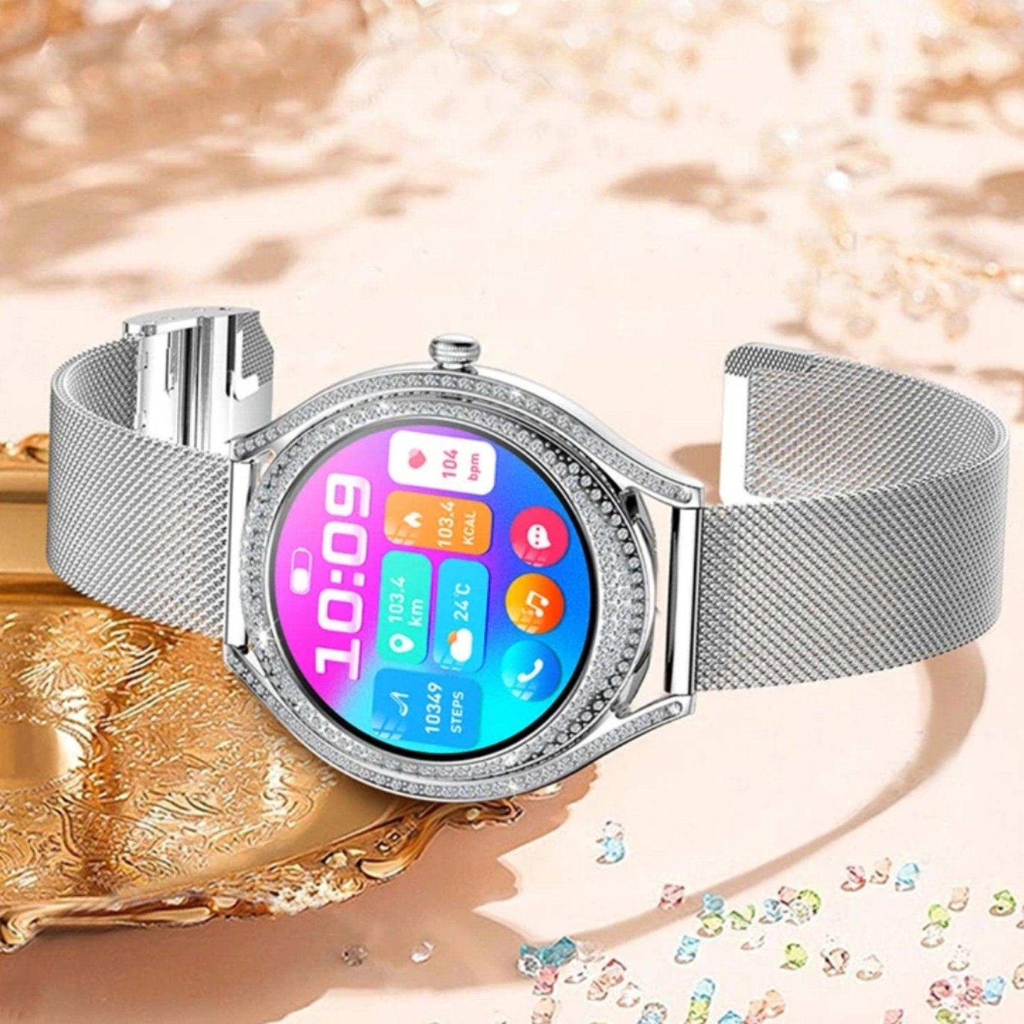 TUTT Classic Smartwatch for Women AMOLED  1.28” | Health & Fitness Tracker | Always On Display | 150 cubic Zirconia | Two Straps V66 Smart Watch (Silicone and Metal) - www.Shopthatapp.com