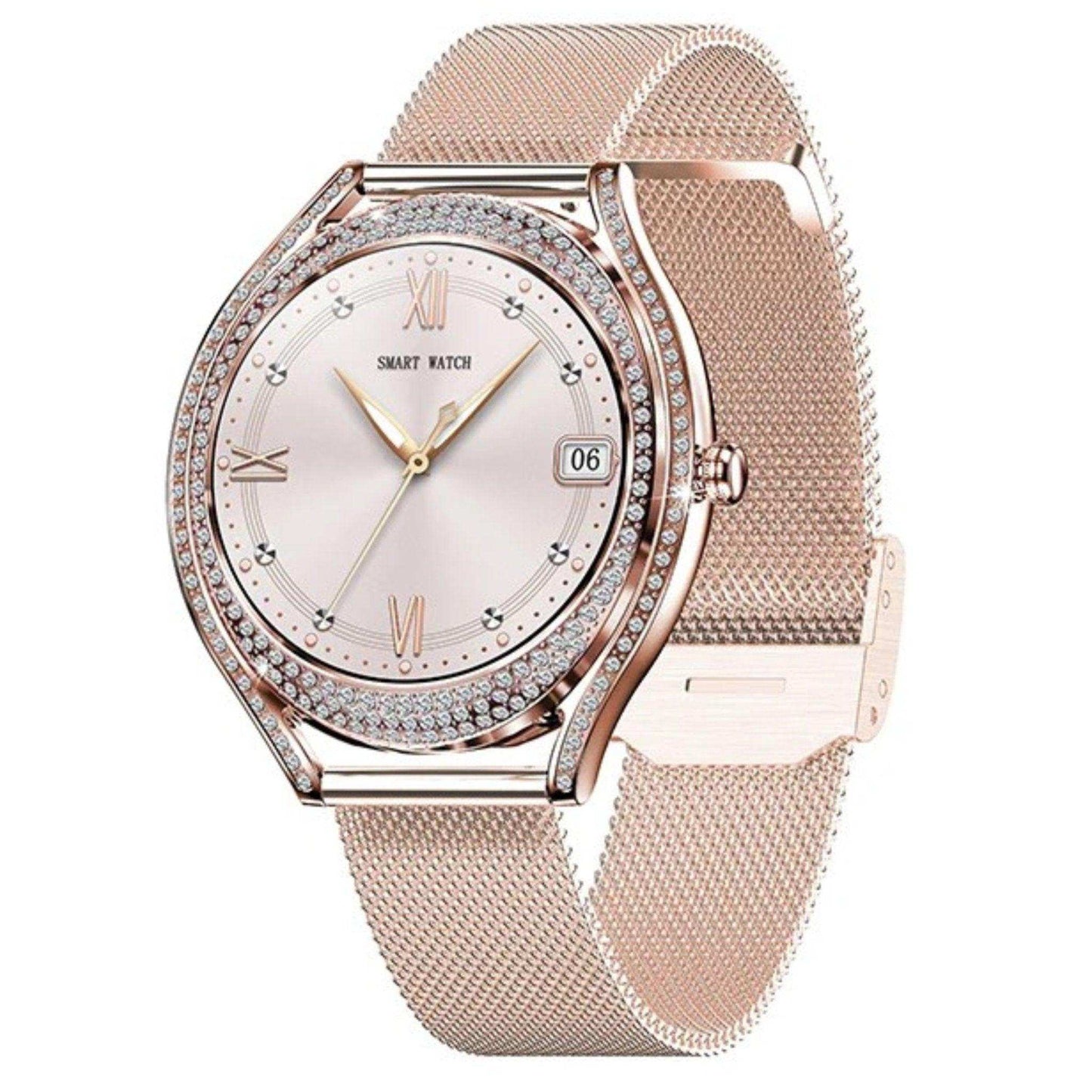 TUTT Classic Smartwatch for Women AMOLED  1.28” | Health & Fitness Tracker | Always On Display | 150 cubic Zirconia | Two Straps V66 Smart Watch (Silicone and Metal) - www.Shopthatapp.com