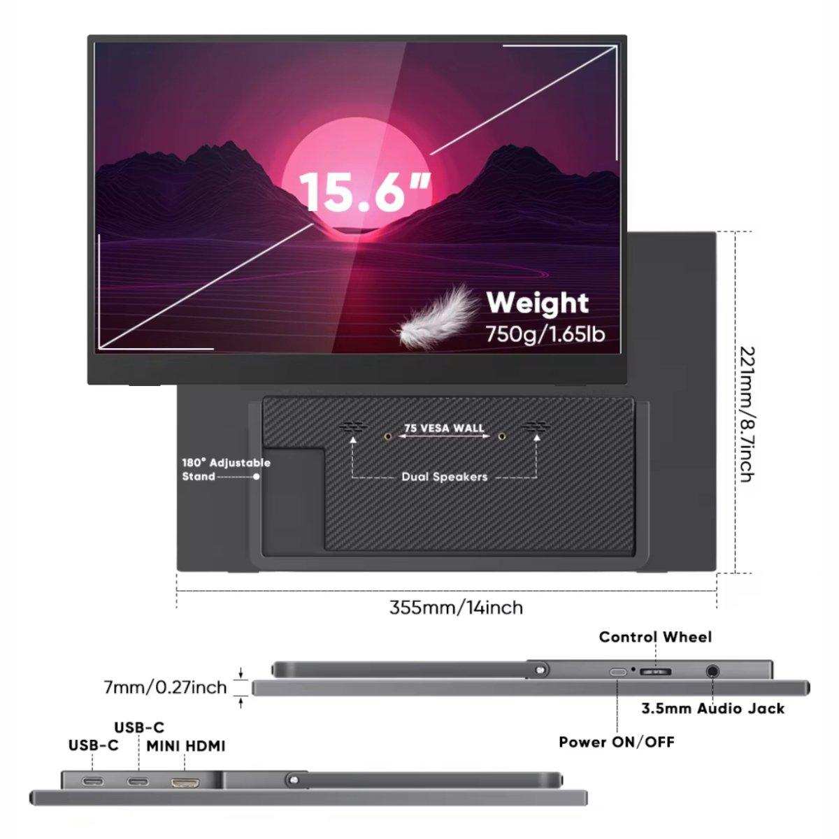TUTT Wireless 15.6 inch Portable Monitor FHD IPS USB-C HDMI with Kickstand & VESA | Speaker and Stand All Devices