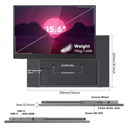 TUTT Wireless 15.6 inch Portable Monitor FHD IPS USB-C HDMI with Kickstand & VESA | Speaker and Stand All Devices