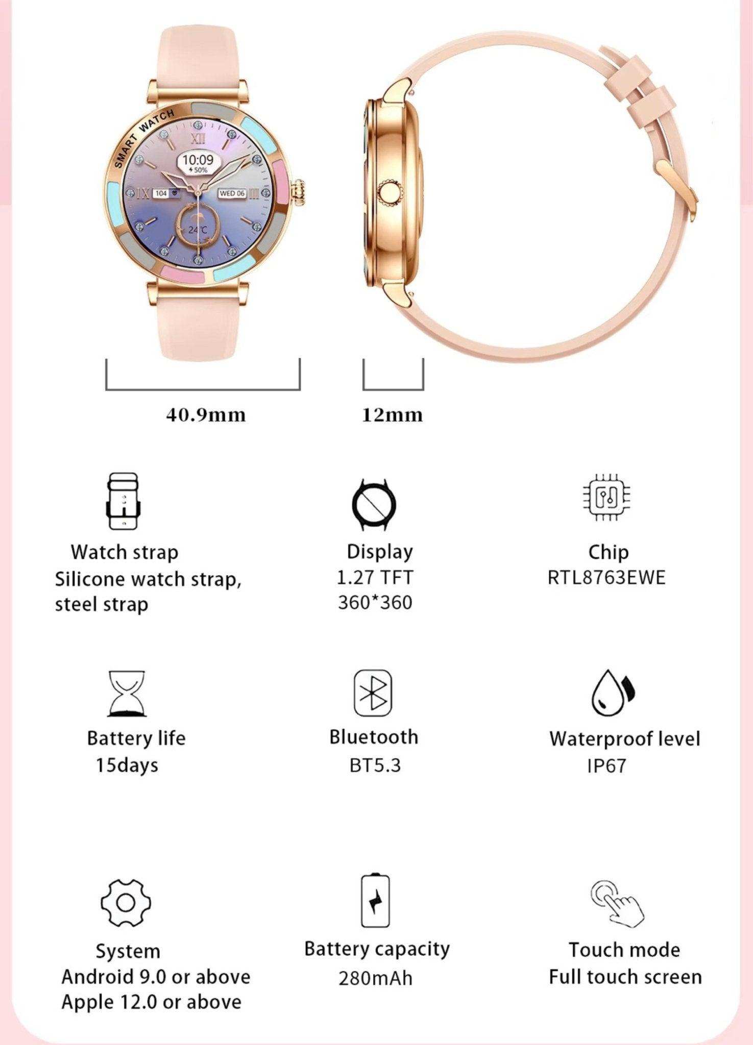 TUTT Women’s Smart Watch | Slim & Stylish Design 1.27” HD Dial | Waterproof | AI Voice Assistant | Women’s Health & Sports Tracker Smartwatch | W1 2 Strap - www.Shopthatapp.com