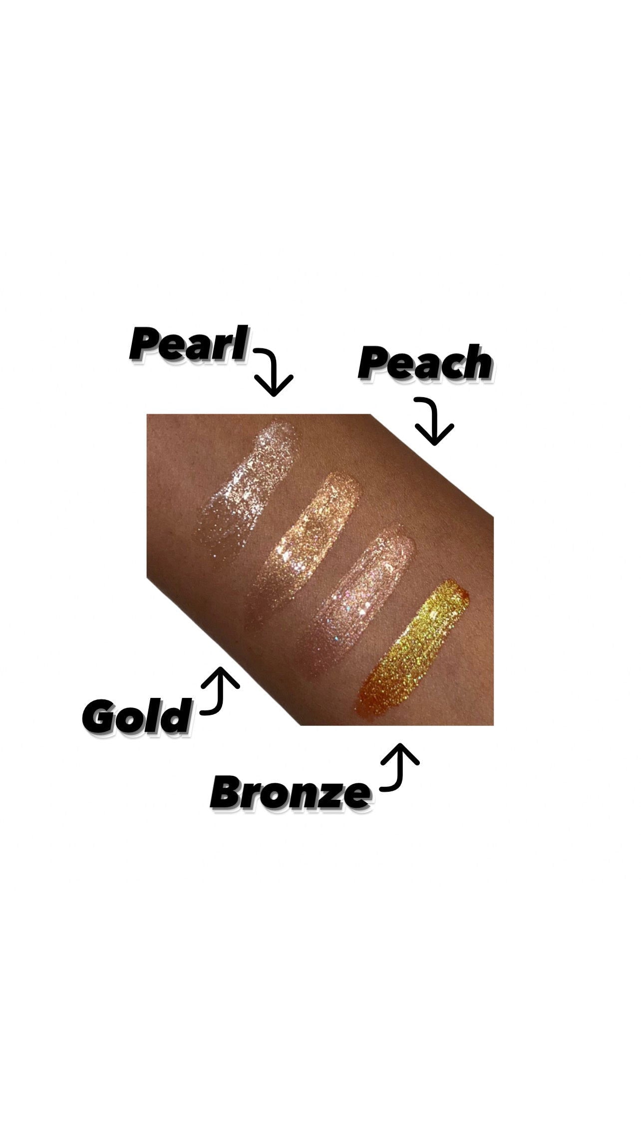 Swatches of gold lip gloss alongside pearl, peach, and bronze shades on skin