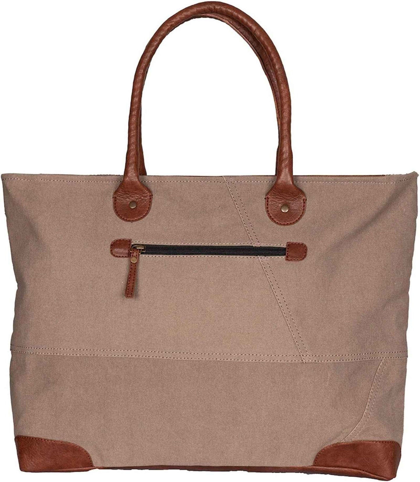 iDekor8 Upcycled Canvas Tote Bag with Leather Handles and a Zip Pocket for Everyday Use