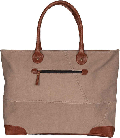 iDekor8 Upcycled Canvas Tote Bag with Leather Handles and a Zip Pocket for Everyday Use