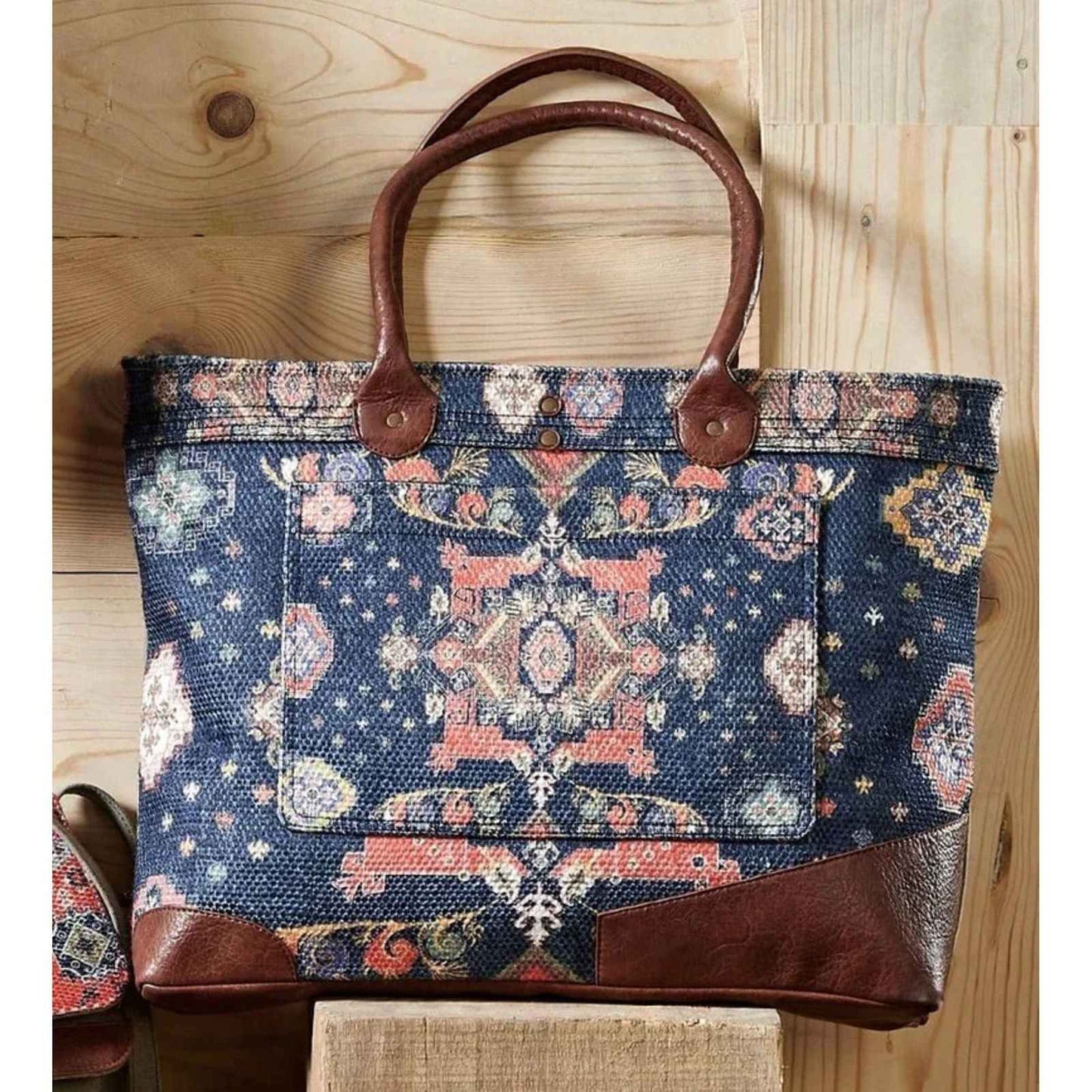 iDekor8 Upcycled Canvas Tote Bag with vibrant floral patterns and durable leather accents