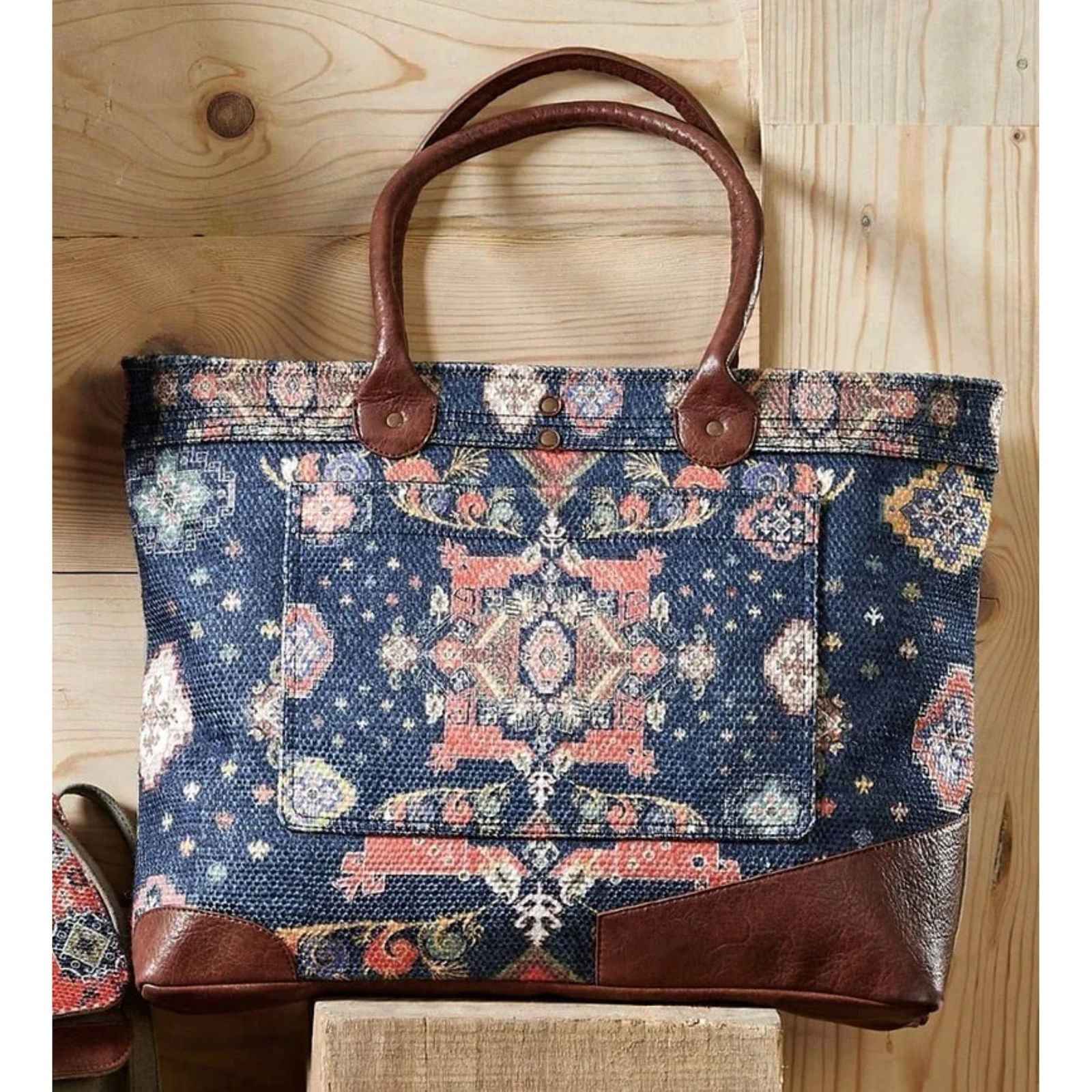 iDekor8 Upcycled Canvas Tote Bag with vibrant floral patterns and durable leather accents