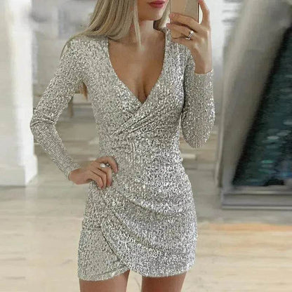 V-neck Hip Irregular Skirt Long Sleeve Women - www.Shopthatapp.com