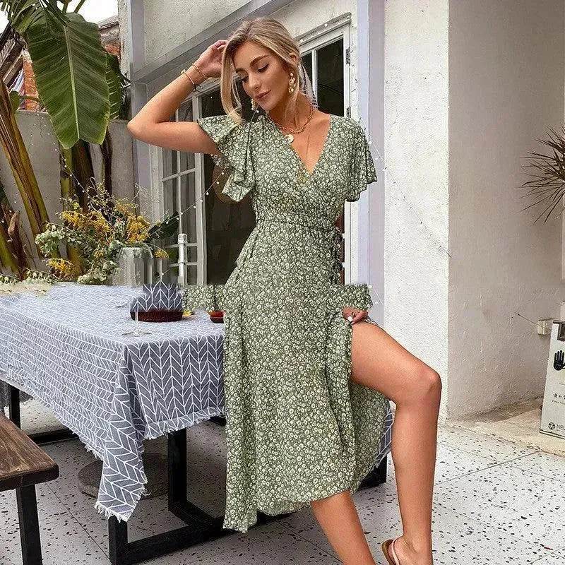 V-neck Lotus Leaf Sleeve Floral Split Dress - www.Shopthatapp.com