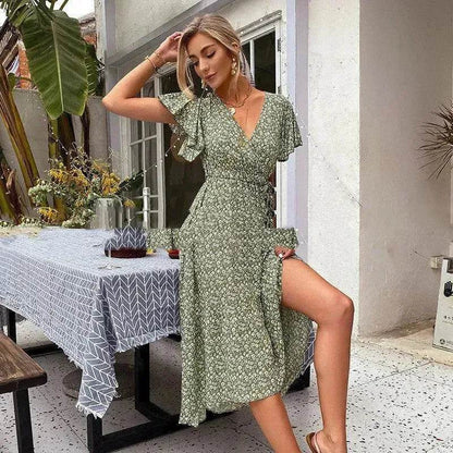V-neck Lotus Leaf Sleeve Floral Split Dress - www.Shopthatapp.com