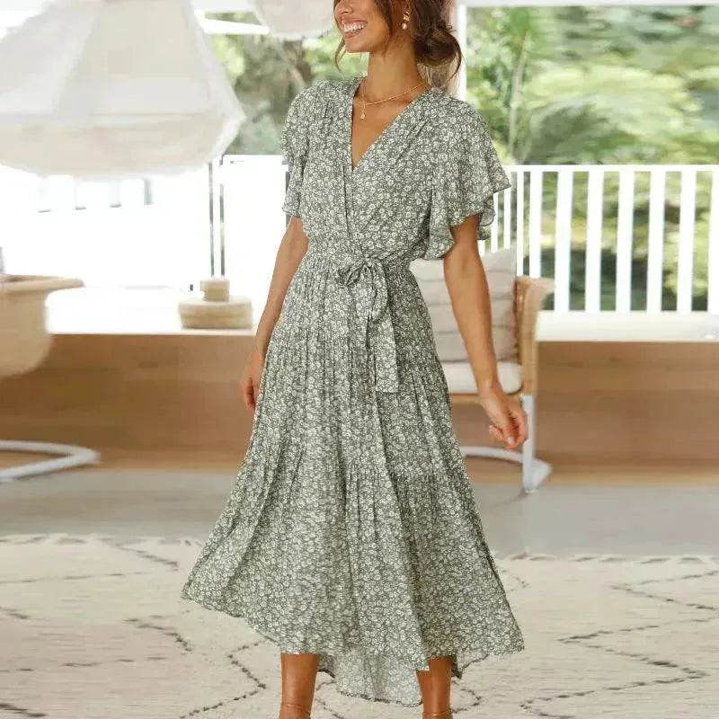 V-neck Lotus Leaf Sleeve Floral Split Dress - www.Shopthatapp.com