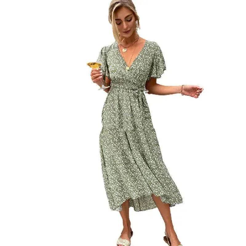 V-neck Lotus Leaf Sleeve Floral Split Dress - www.Shopthatapp.com